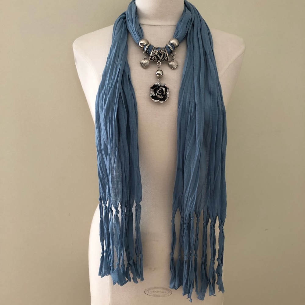 Blue Scarf with Silver Rose Embellishments